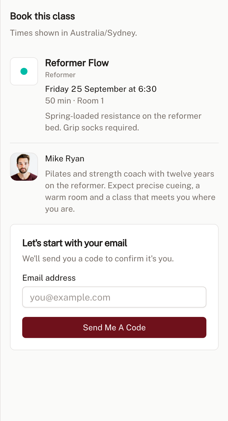 The Book this class sheet on a phone, showing the class, the instructor's bio and an email field to confirm the booking
