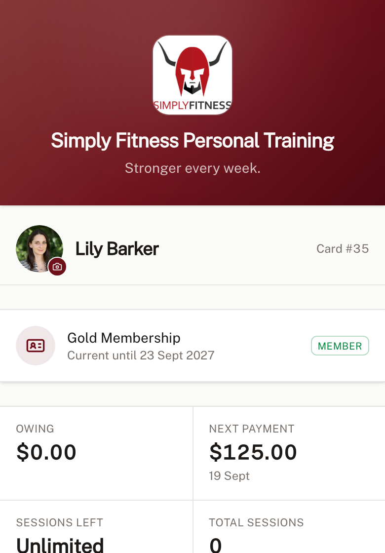 A client's portal in Fitreon Studio on a phone, showing their membership, what they owe and their next payment