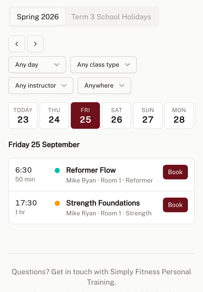 A studio's public timetable in Fitreon Studio on a phone, in the Day Agenda layout with Book buttons on each class
