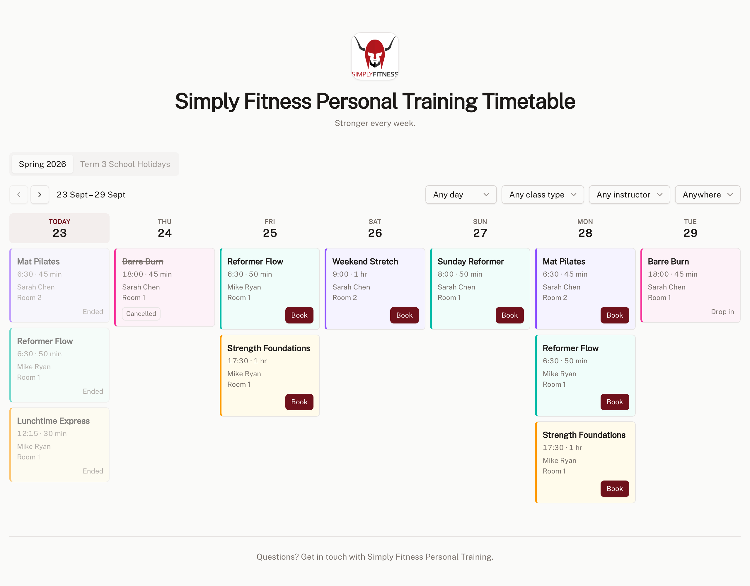 The public timetable in the Week Grid layout, seven day columns with a class card per session